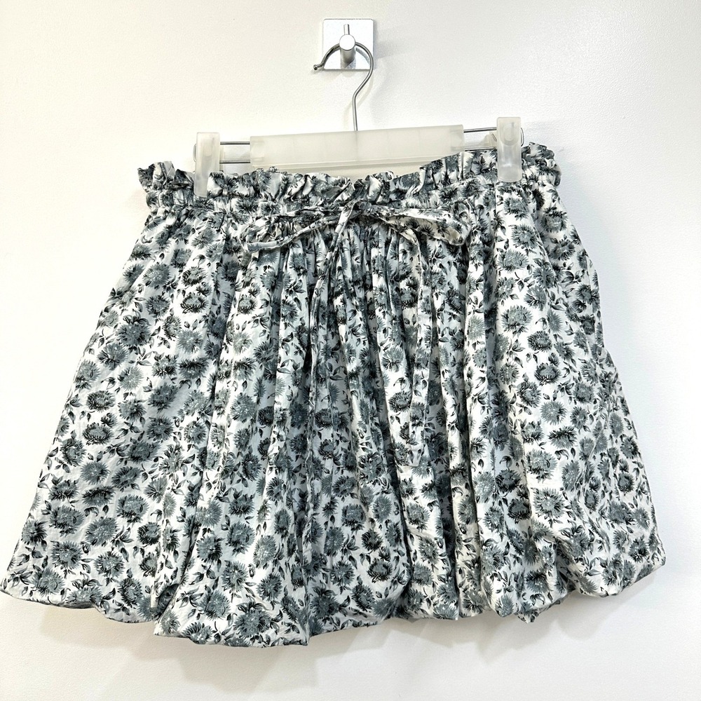 LoveShackFancy Cheyenne bubble mini skirt S gray floral tie waist